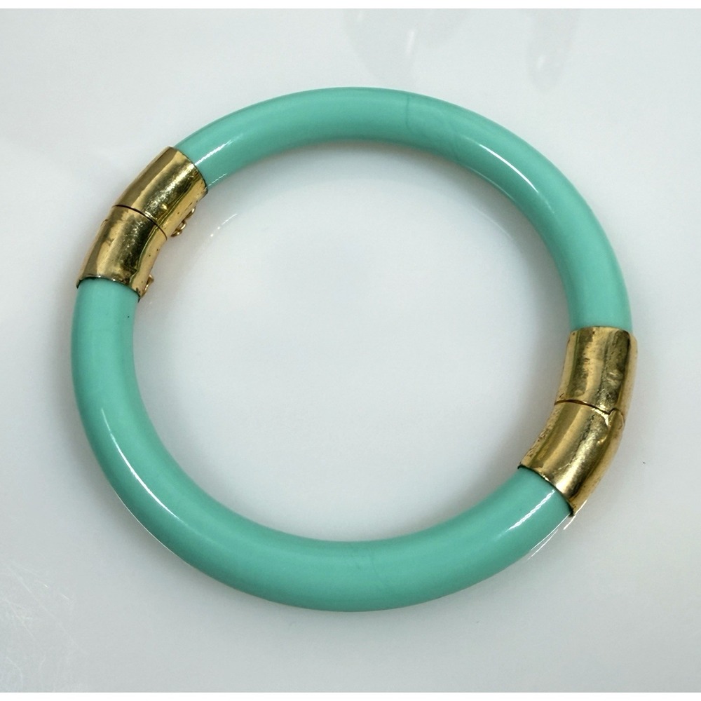 Vintage Glass Hinged Bangle Bracelet Gold Tone Clasp Safety Chain Size 7